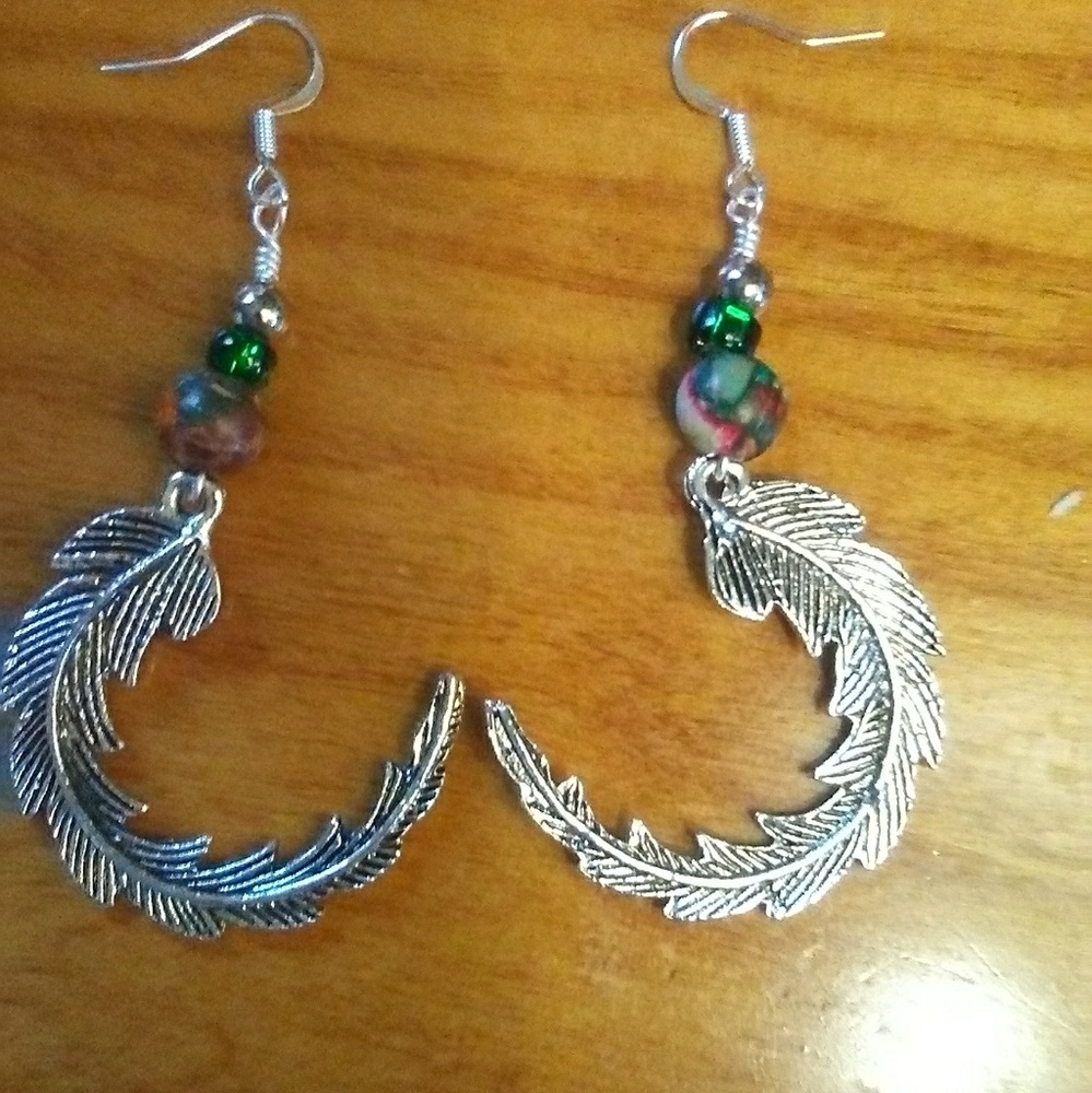 Mixed Jasper Composite Bead Feather Earri gs